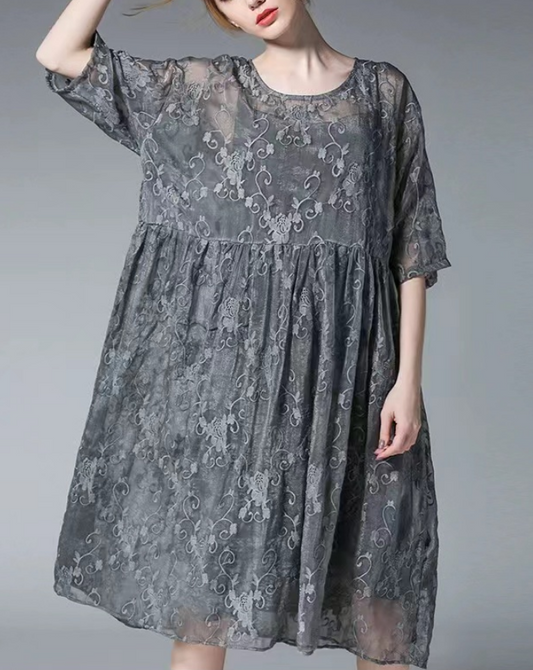 Vintage Gray Fashion Plus Size Lace Embroidered Dress & Suspender Two Pieces
