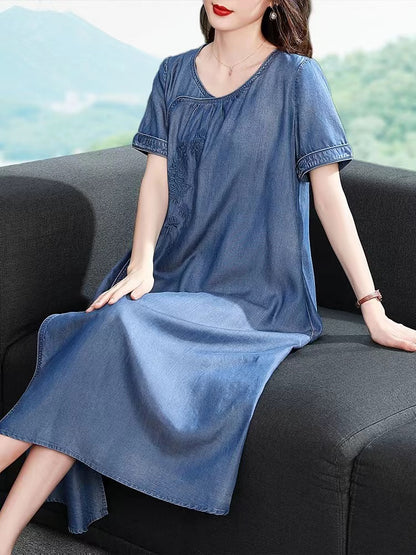 Vintage Asymmetrical Tie Embroidered Short Sleeve Denim Dress
