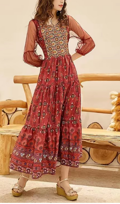 Bohemian Round Neck Patchwork Embroidered Printed Dress