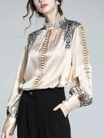 Elegant Standing Collar Printed Lace Patchwork Silk Blouse