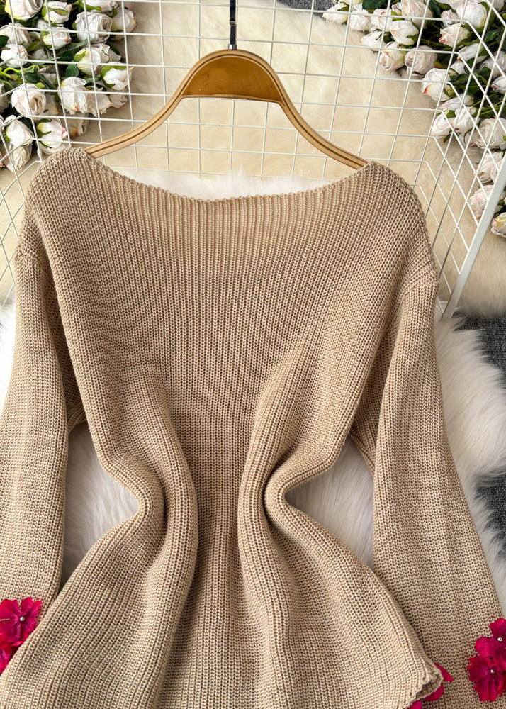 Khaki Slant Neck Floral Cotton Knit Sweater