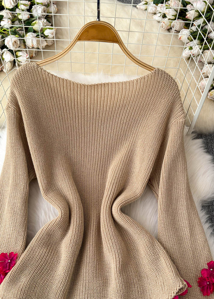 Khaki Slant Neck Floral Cotton Knit Sweater