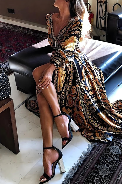 Women's Bohemian Vintage Print Lace Up V-Neck Printed Dress