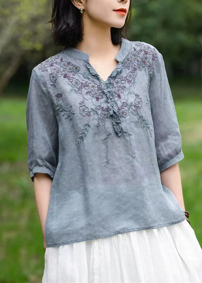 Loose V-neck embroidered quilted linen half-sleeve shirt