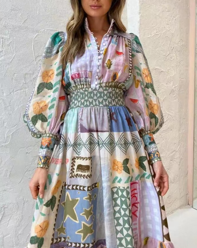 Elegant Printed Button Slim Waist Long Sleeve Long Dresses