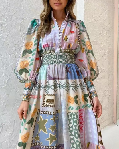 Elegant Printed Button Slim Waist Long Sleeve Long Dresses