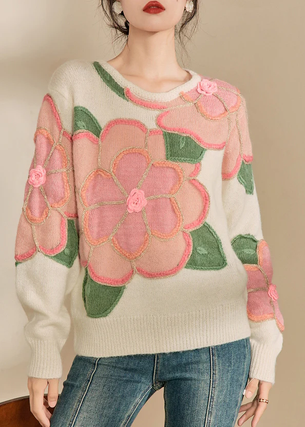 Women's Floral Patchwork Cozy Cotton Knit Sweater Winter
