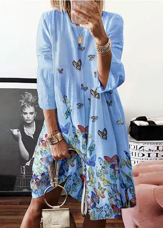 Bohemian Blue O Neck Butterfly Print Cotton Midi Dress Short Sleeve Travel