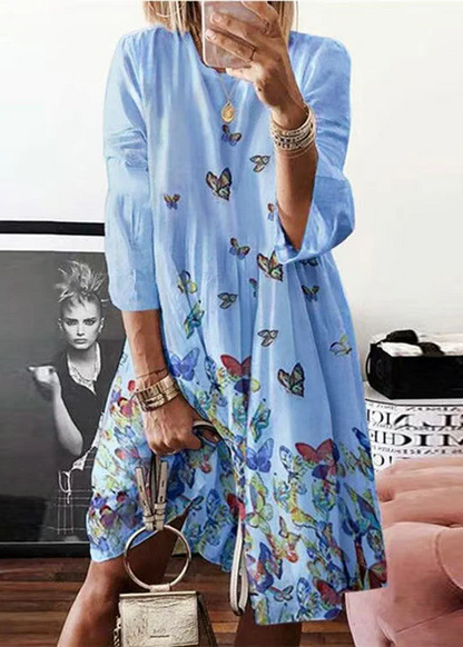 Bohemian Blue O Neck Butterfly Print Cotton Midi Dress Short Sleeve Travel