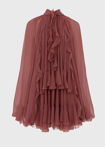 Women's Bohemian Brick Red Ruffle Patchwork Chiffon Blouse Top