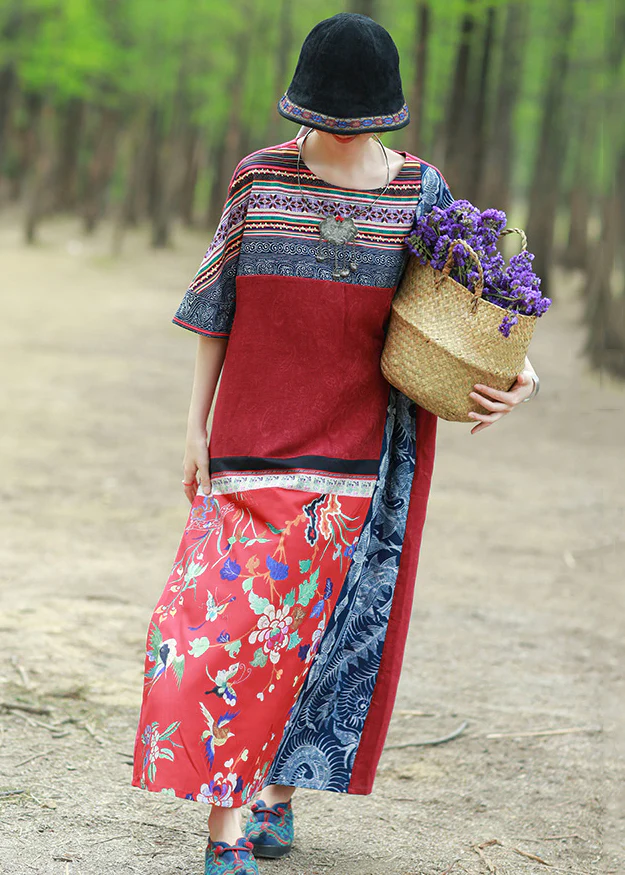 Women's Pocket Patchwork Cotton Printed Half Sleeve Dress