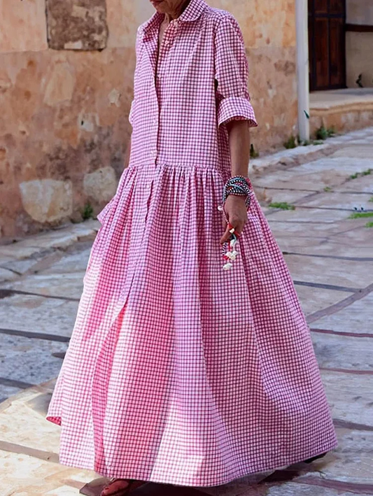 French Button Down Lapel A-line Hem Long Dress