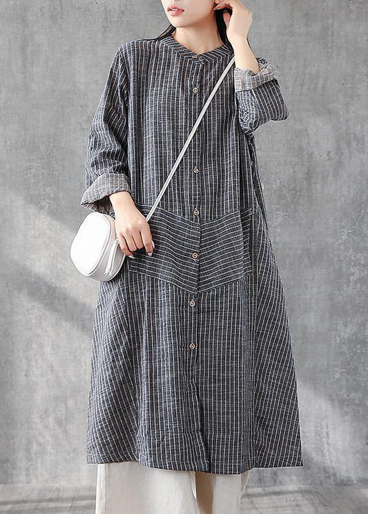 Gray Striped Linen Tunic Tunic Stand A-Line Skirt Dress