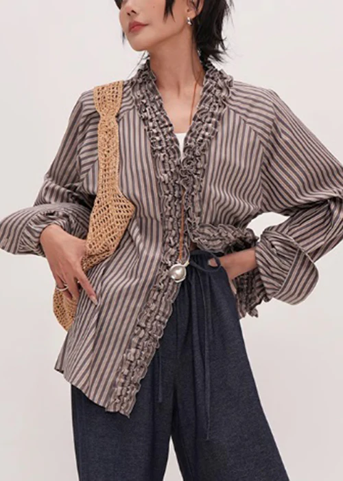 Striped V-neck ruffled cotton shirt