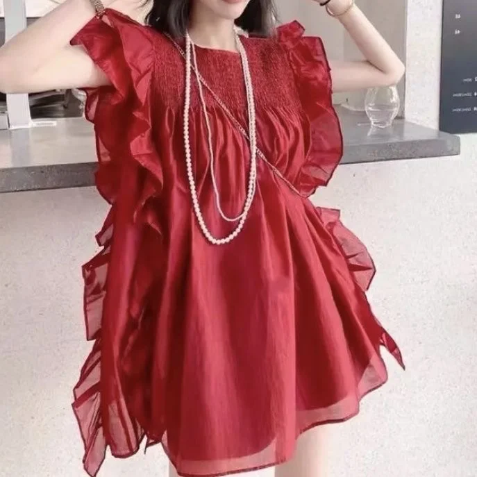Ruffle Trim Patchwork Chiffon Blouse