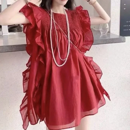 Ruffle Trim Patchwork Chiffon Blouse