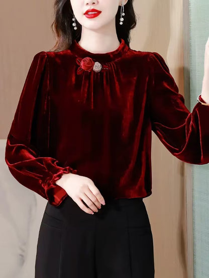 Women's Loose Gingham Floral Long Sleeve Top