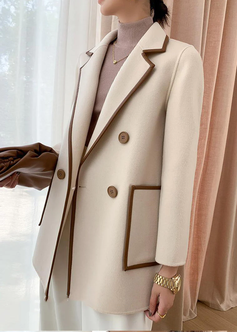 Women's Beige Pan Collar Double Breasted Tweed Coat