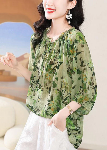 Elegant Ruffle Tie Print Short Sleeve Shirt
