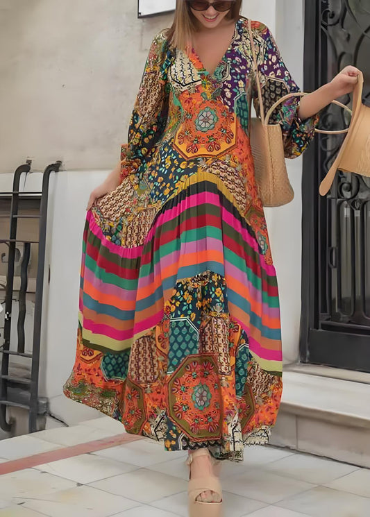 Vacation Boho V Neck Color Block Print Cotton Maxi Dress Spring