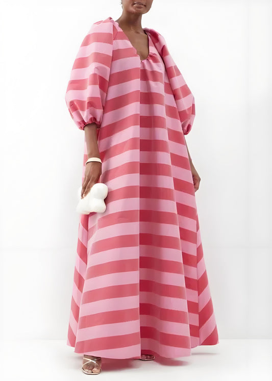 Italian Pink V-Neck Striped Bubble Sleeve