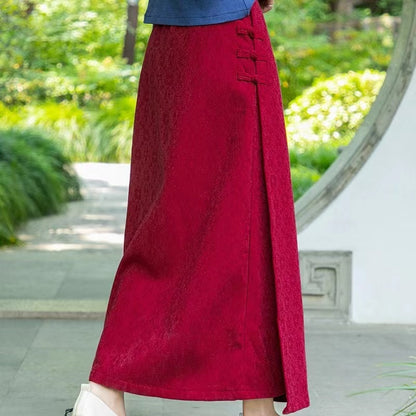 Elegant Vintage Jacquard Asymmetric Button Down Skirt