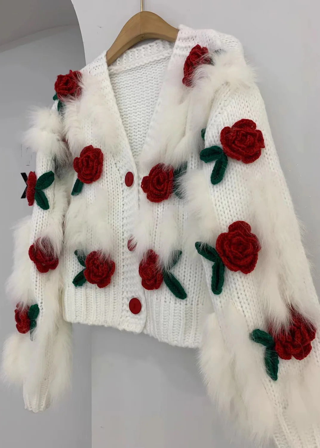 Women's Floral V-Neck Button Down Patchwork Knit Cardigan