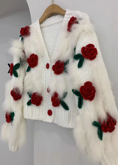 Women's Floral V-Neck Button Down Patchwork Knit Cardigan
