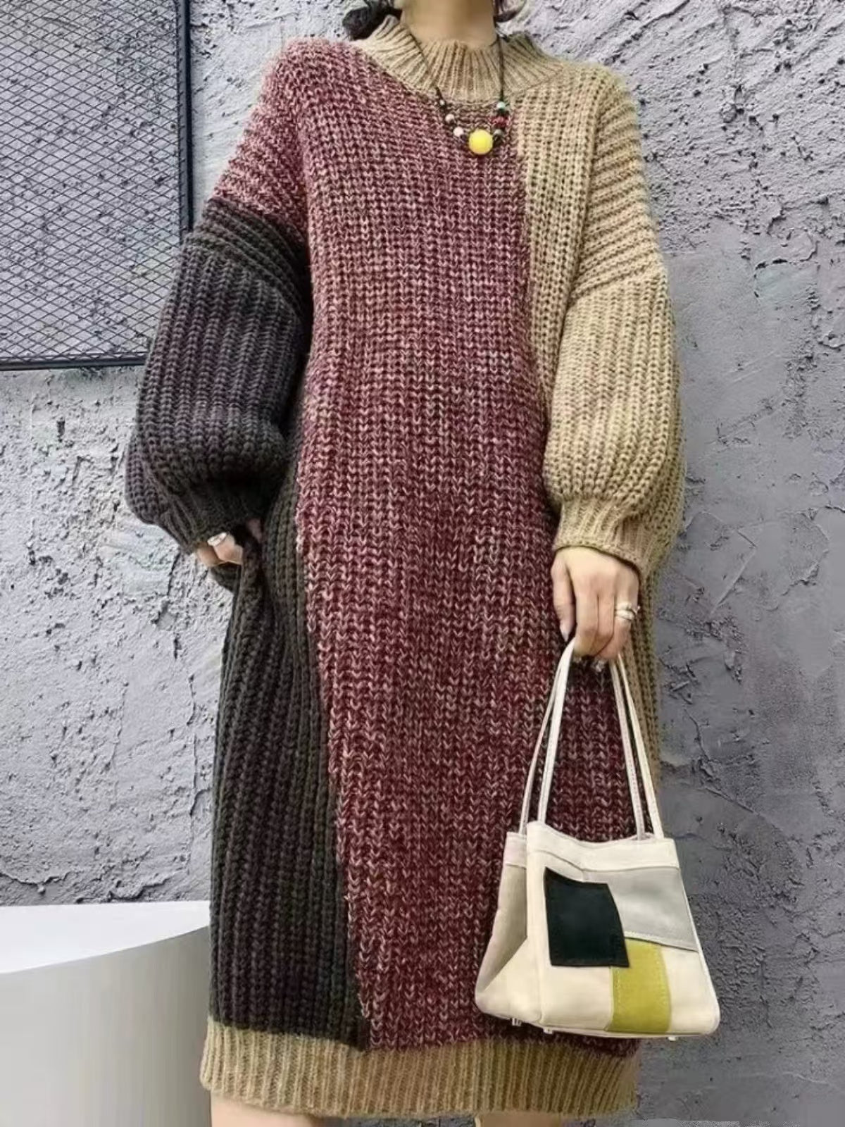 Loose plus size color clashing knitted sweater long sleeve winter