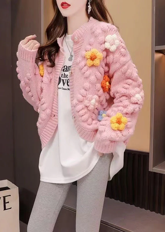 Pink O-Neck Floral Pattern Knit Cardigan