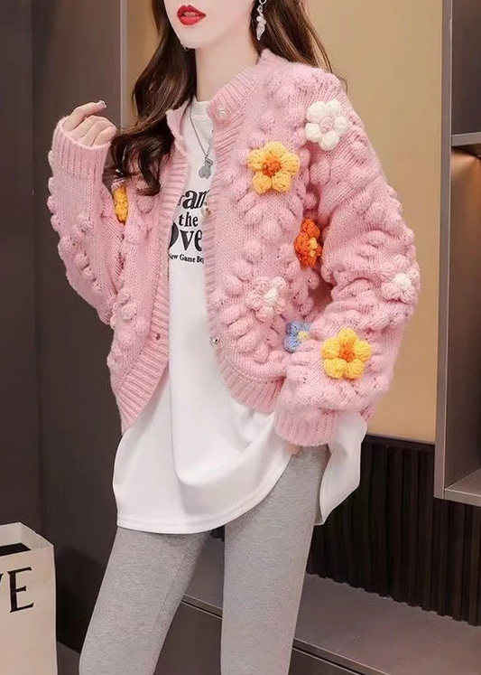Pink O-Neck Floral Pattern Knit Cardigan