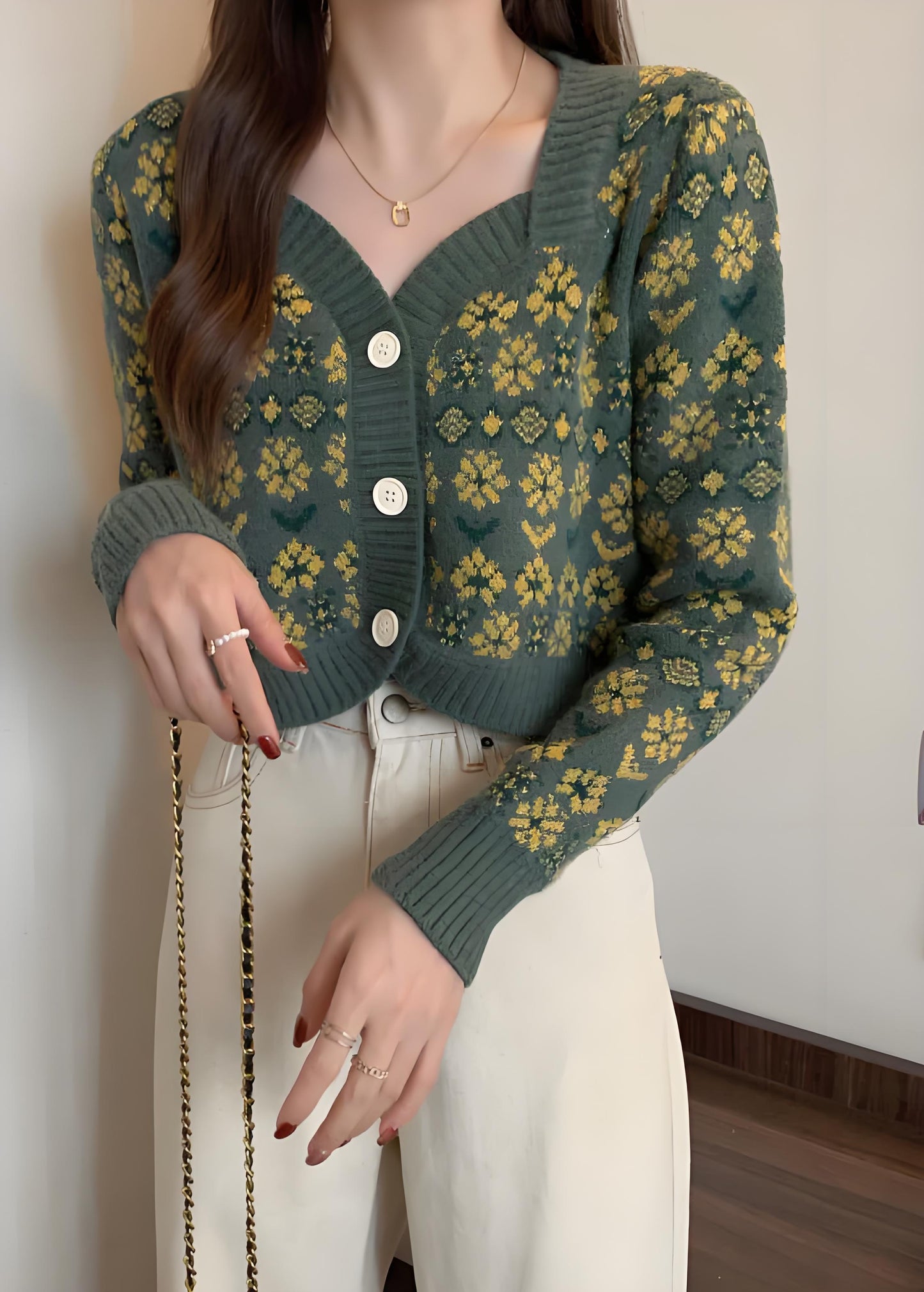 Women's Original Purple V-Neck Button Printed Knit Short Cardigan Spring