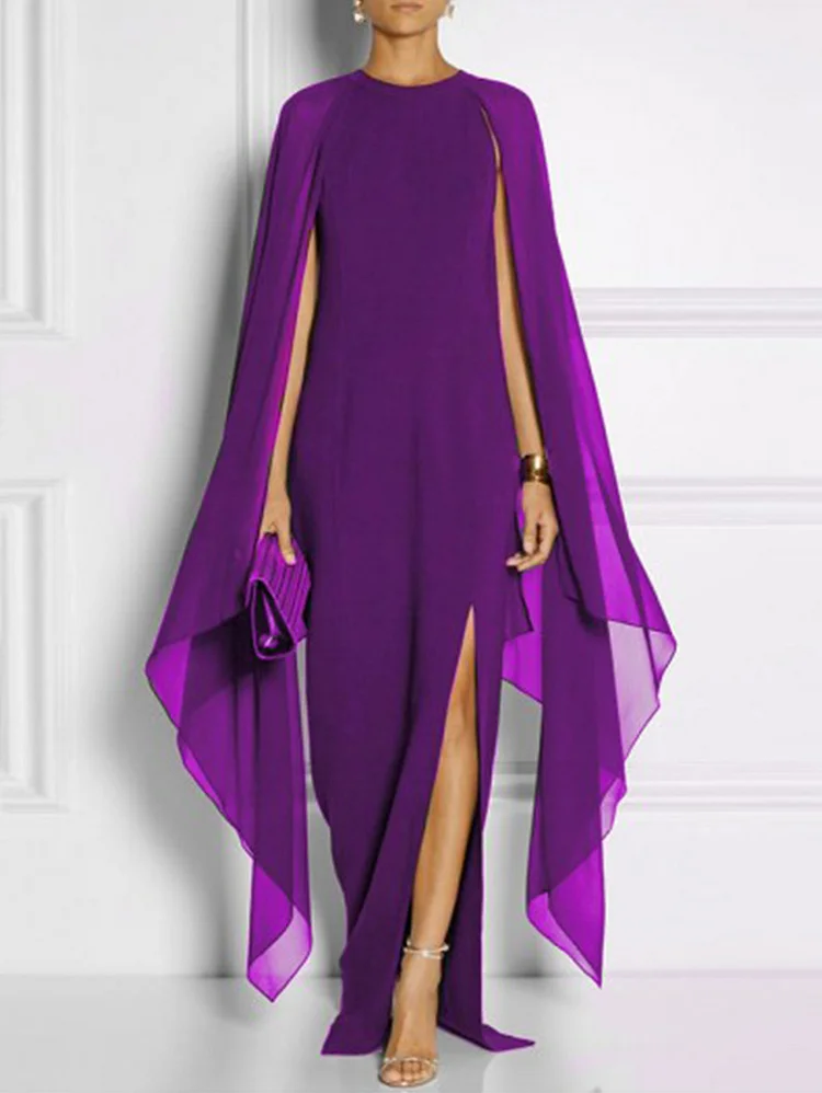 French Split Hem Cape Sleeve Extra Long Dress