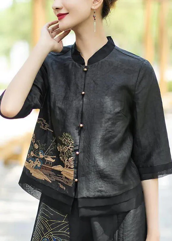 Vintage Standing Neck Embroidered Patchwork Silk Half Sleeve Top