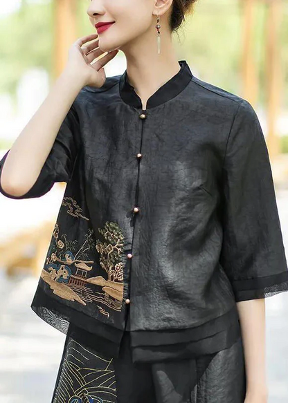 Vintage Standing Neck Embroidered Patchwork Silk Half Sleeve Top