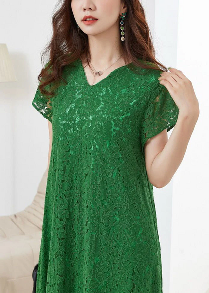 Italian Green V-Neck Cutout Lace Short Sleeve Dress