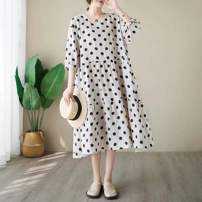 Casual Round Neck Black Polka Dot Short Sleeve A-Line Dress