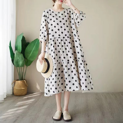 Casual Round Neck Black Polka Dot Short Sleeve A-Line Dress