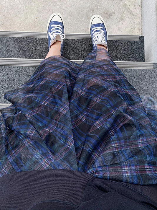 Women's Plus Size Blue High Waist Plaid Irregular Hem Tulle Skirt