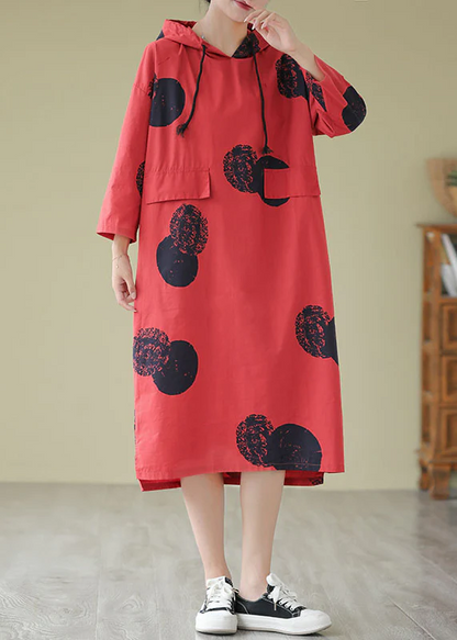 Women's Hooded Polka Dot Printed Cotton Dresses