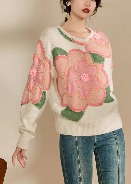 Women's Floral Patchwork Cozy Cotton Knit Sweater Winter