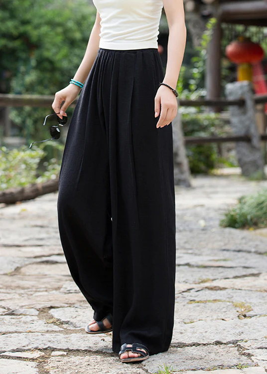 Elegant Elastic Waist Linen Loose Wide Leg Pants