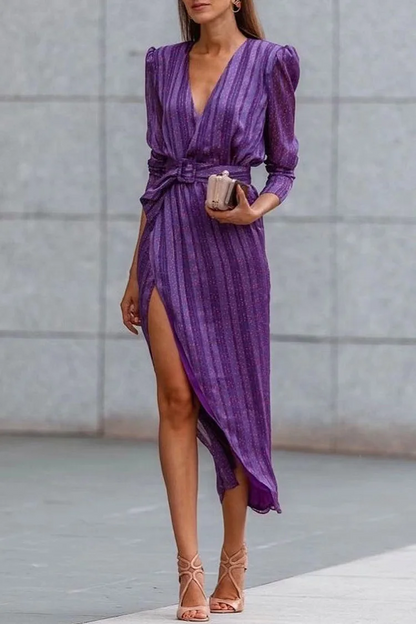 Italian Purple Striped Patchwork Asymmetric V-Neck Waist Dress
