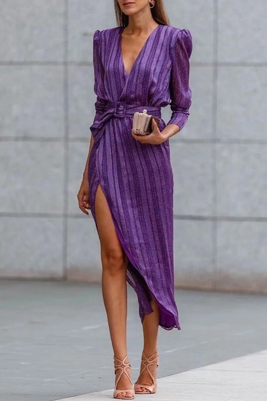 Italian Purple Striped Patchwork Asymmetric V-Neck Waist Dress