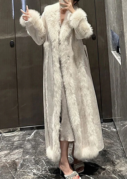 Women's White Fox Collar Patchwork Mouth Long Coat Winter