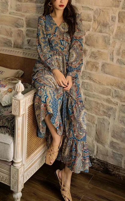 Loose V-Neck Printed Beach Long Sleeve Long Dresses