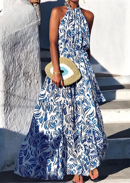 Women's Italian Green Printed Cotton Holiday Beach Halter Dress Summer