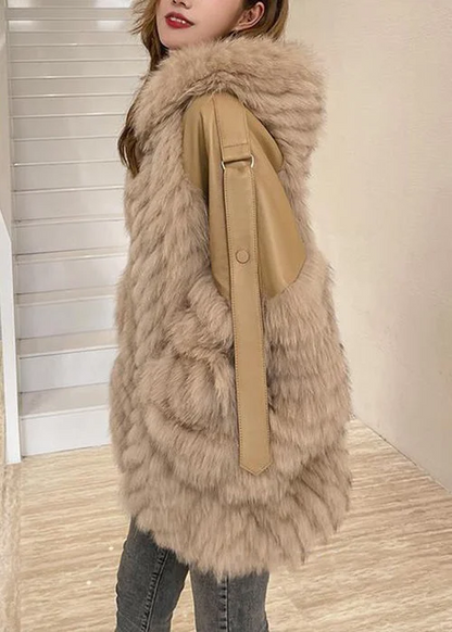 Hooded Pocket Patchwork Leather and Fur Coat