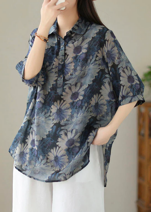 Vintage Printed Linen Top Half Sleeve