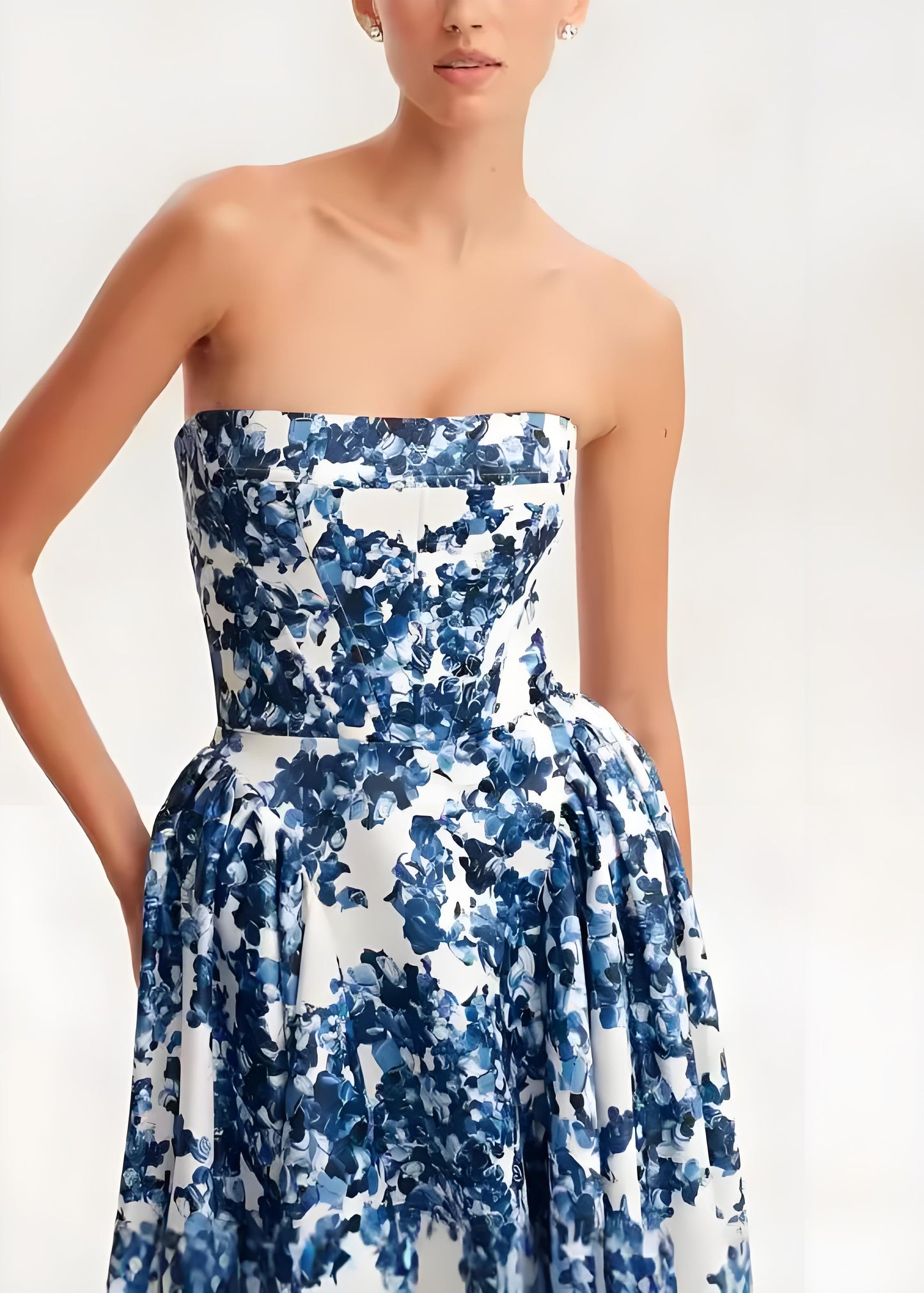 Women's Blue Strapless Printed Cotton Long Sleeveless Dresses